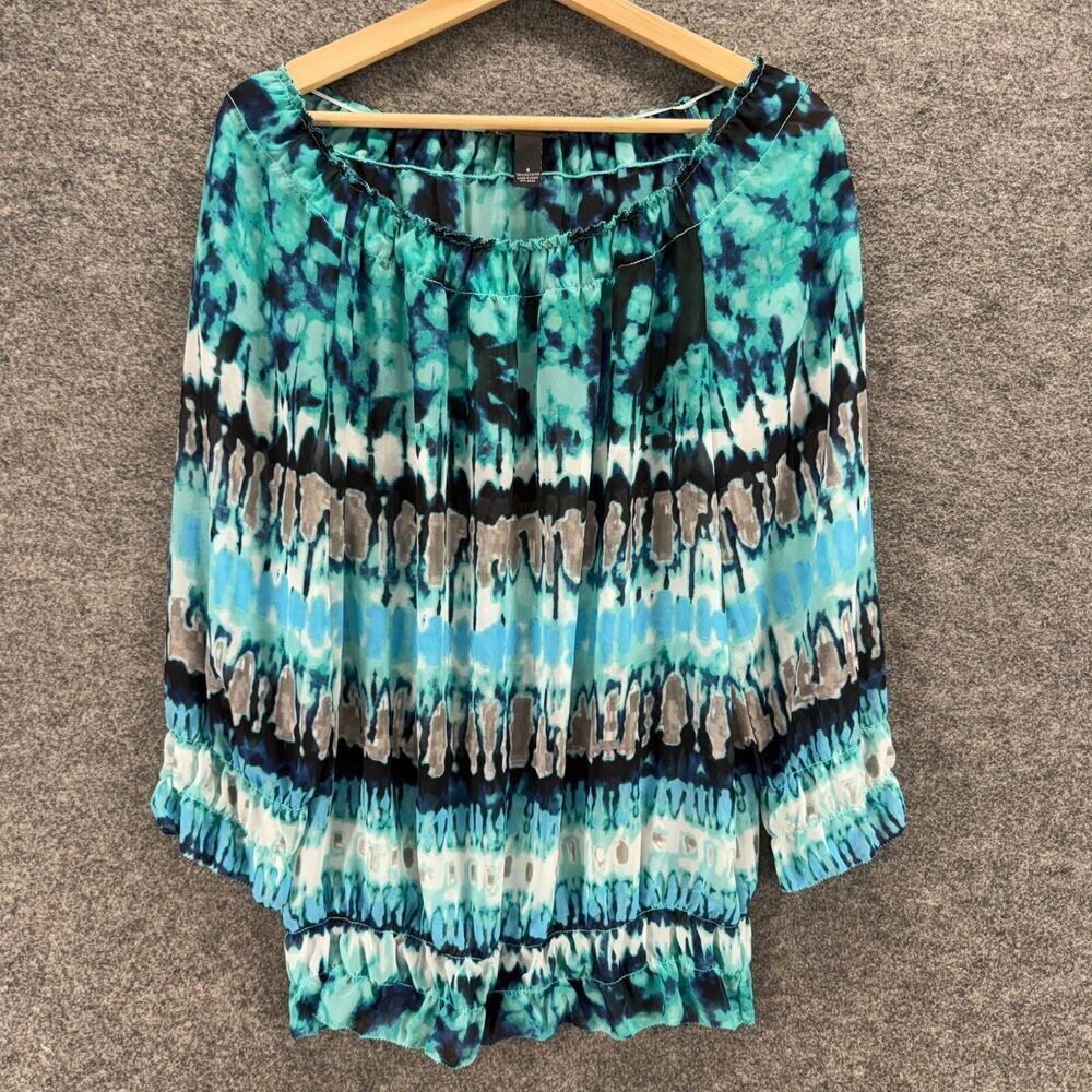 INC International Concepts Blouse Women 4 Blue Striped Long Sleeve Round Neck